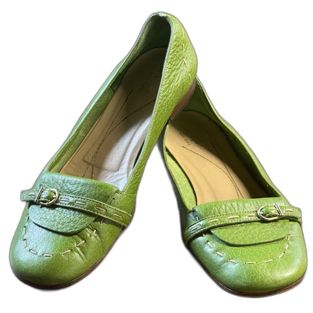 Vintage Kate Spade Lime Green Leather Buckle Flats 9.5B Made Italy Y2K Loafers